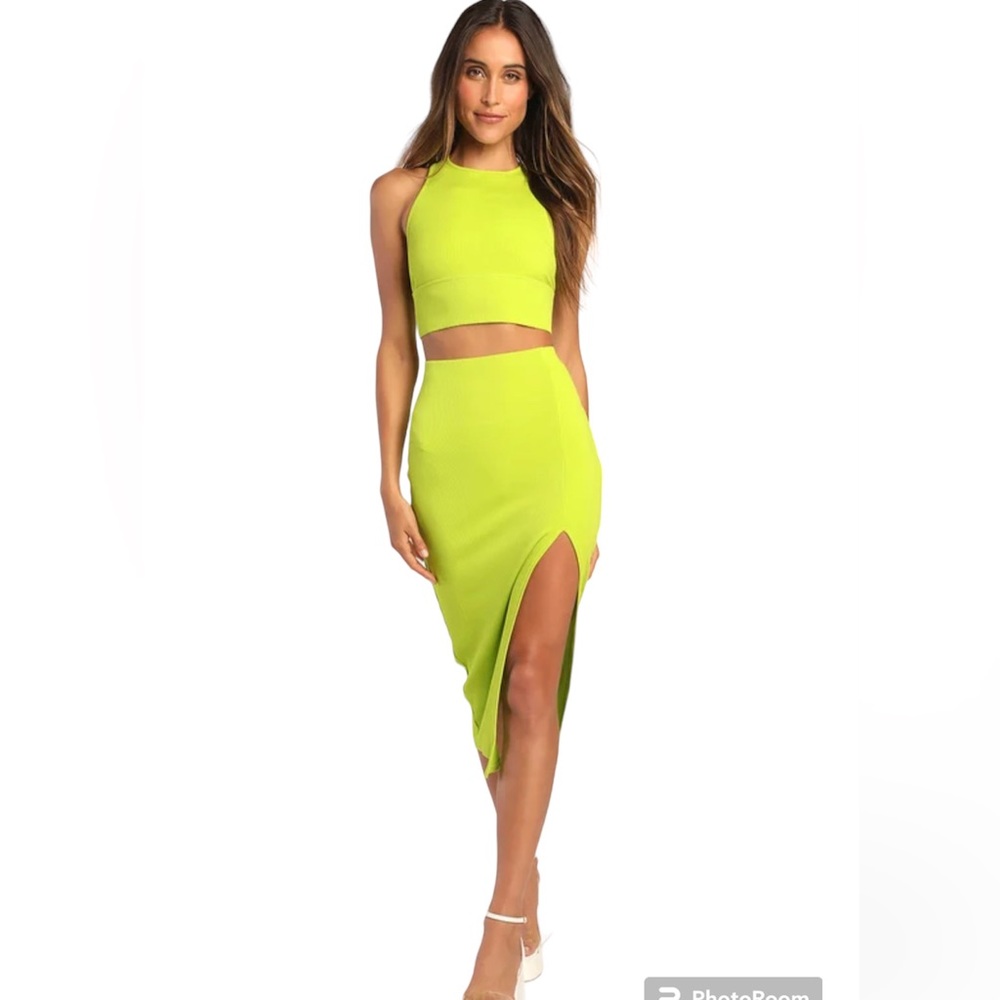 Absolute Edge Lime Green Sleeveless Two-Piece Bodycon Midi Dress